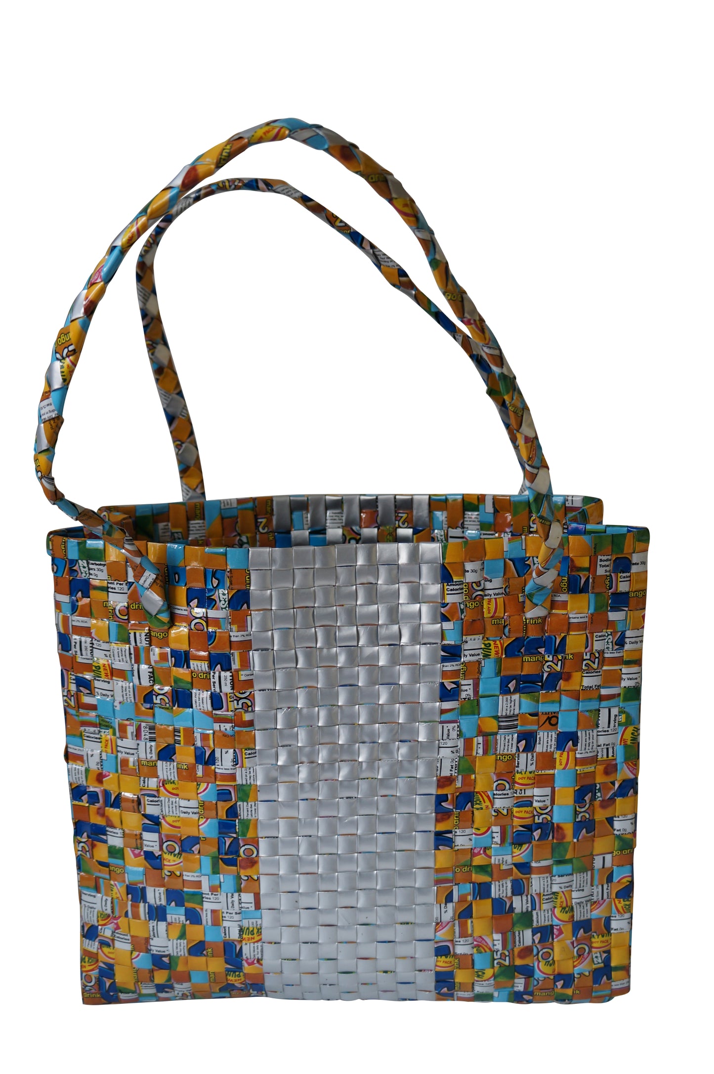 Large banded handwoven bag handmade from recycled juice packs with clasp closure