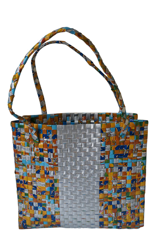 Large banded handwoven bag handmade from recycled juice packs with clasp closure